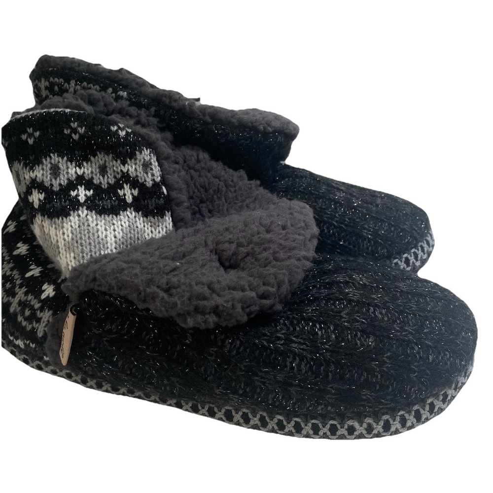 Muk Luks A La Mode Bootie Slippers Size 5/6 Gray Black White Faux Sherpa Lining